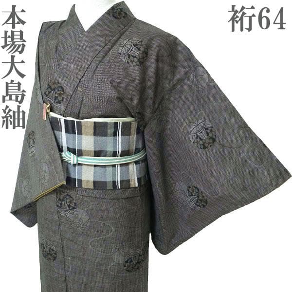 本場大島紬 着物 泥染 7マルキ 一元式 美品 裄64 M 中古 sn1888