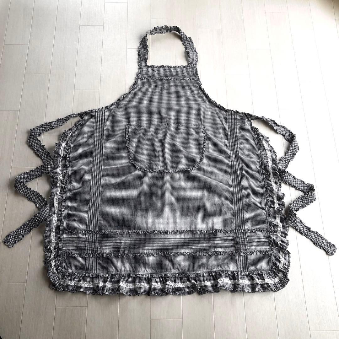 ピンクハウス 白×黒 チェック柄 ピンタック ピコフリル エプロン タブリエ