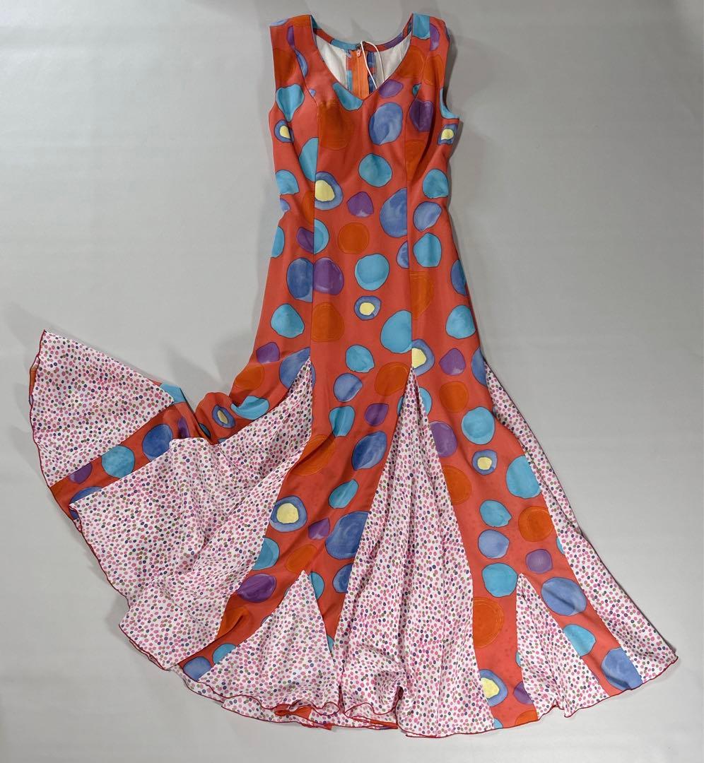 CANELA PURA フラメンコドレスカラフル水玉模様フレア ロング丈 練習用