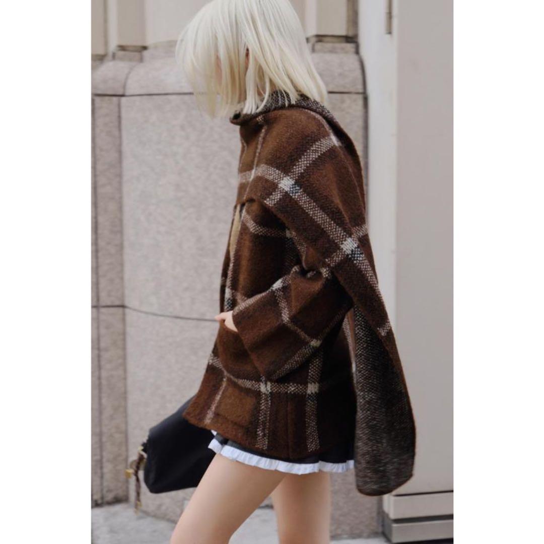 zara チェック柄スカーフ付きショートニットコート - メルカリ