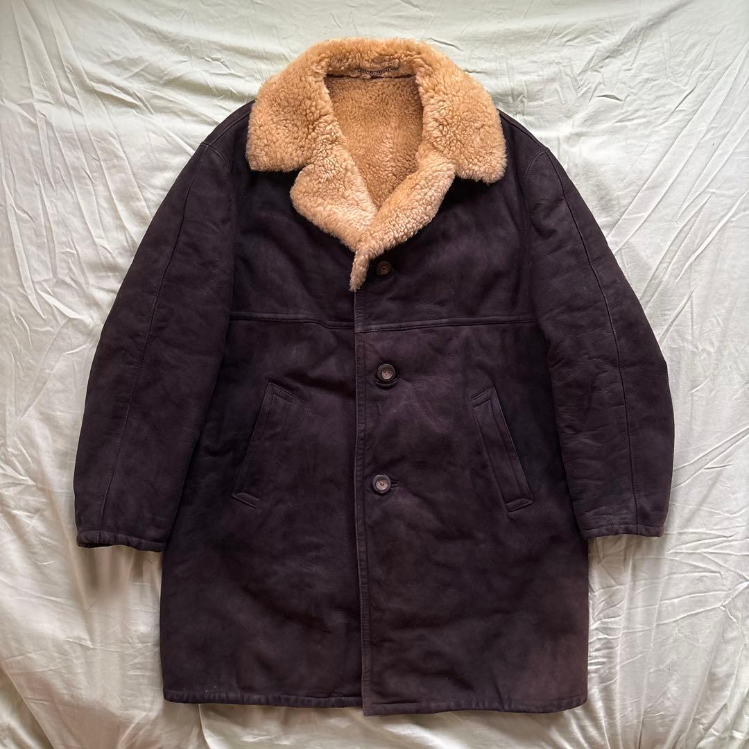 【90s】vintage ブラックムートン ギャングコート 本革 ボア チェーン 80s アンノウン イタリア本革 ムートン ギャングコート 黒 ゆるダボ