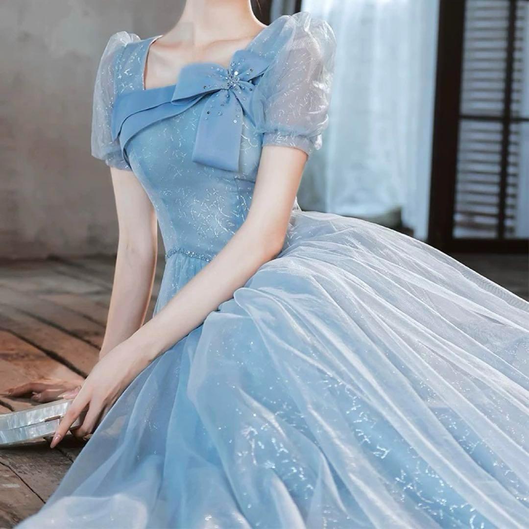 カラードレス、パーティードレス、リボン、シースルーの半袖