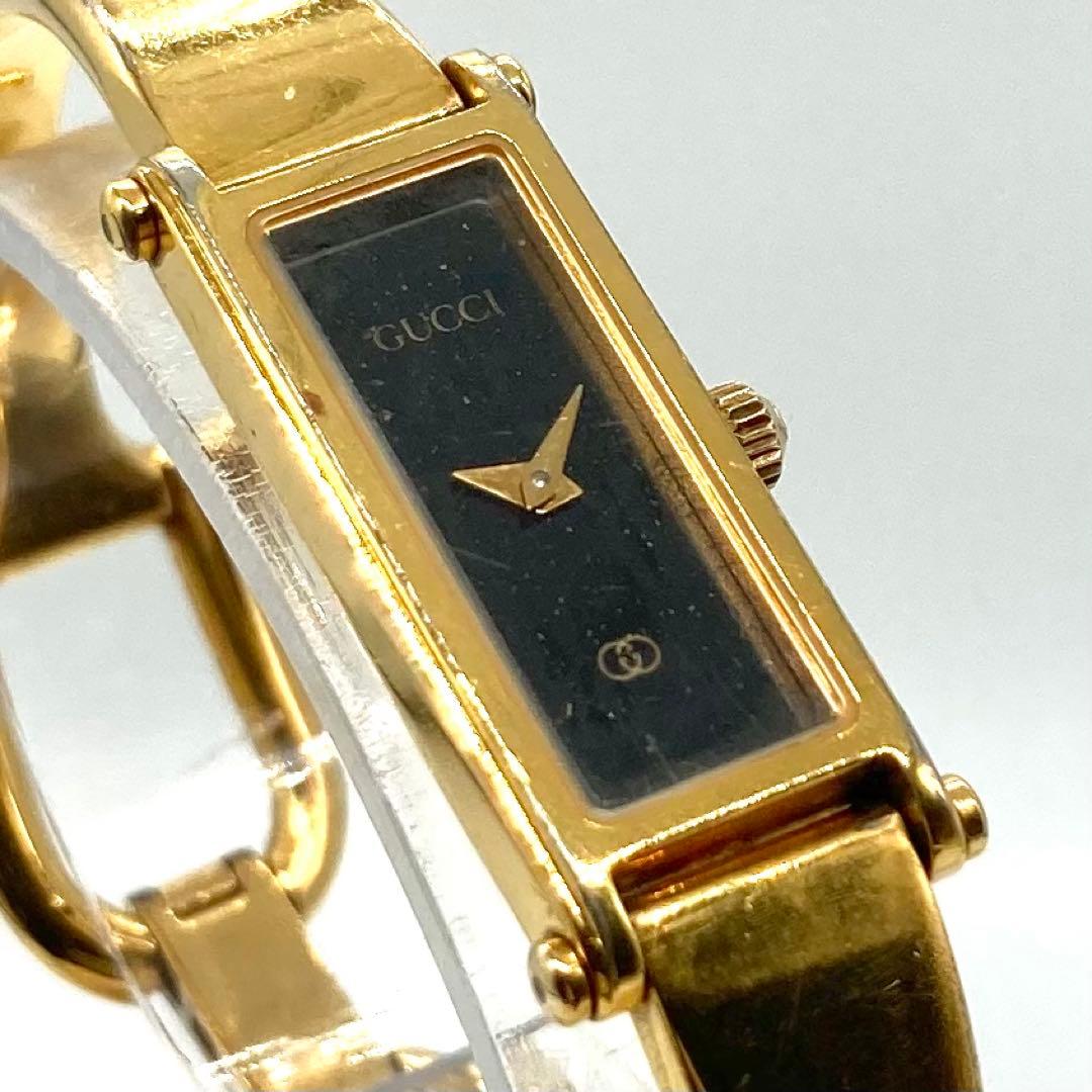 稼動】 グッチ バングルウォッチ 腕時計 QZ ゴールド 黒文字盤 1500L