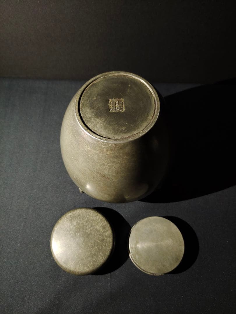 古錫 蔵六居造 錫製無紋四耳帯環茶心壺 茶道具 茶筒 古美術品 重さ910g