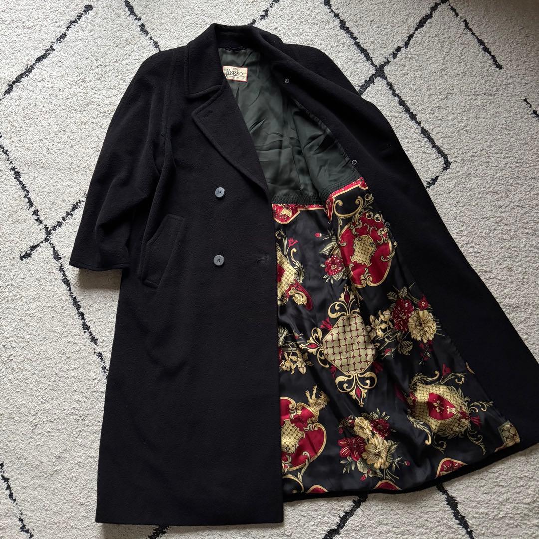 HERNO スカーフ柄 カシミヤ混 ダブル チェスターコート ブラック　40 ヘルノ HERNO ヴィンテージ ステンカラーコート メルトンジャケット