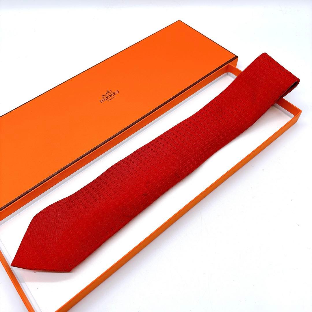 HERMES ネクタイ 赤 H総柄 高級シルク ファソネ H柄