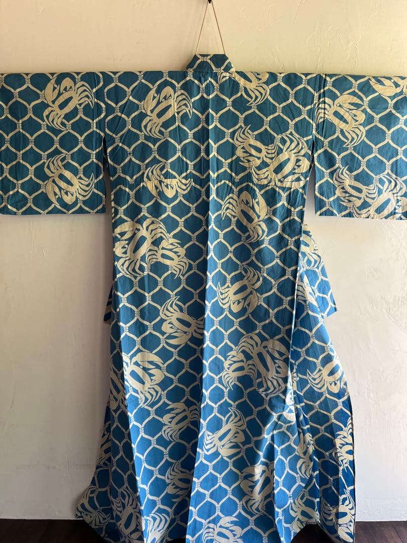 青色 カニ模様 浴衣 仕立て上がり 身長150cmほど アンティーク浴衣