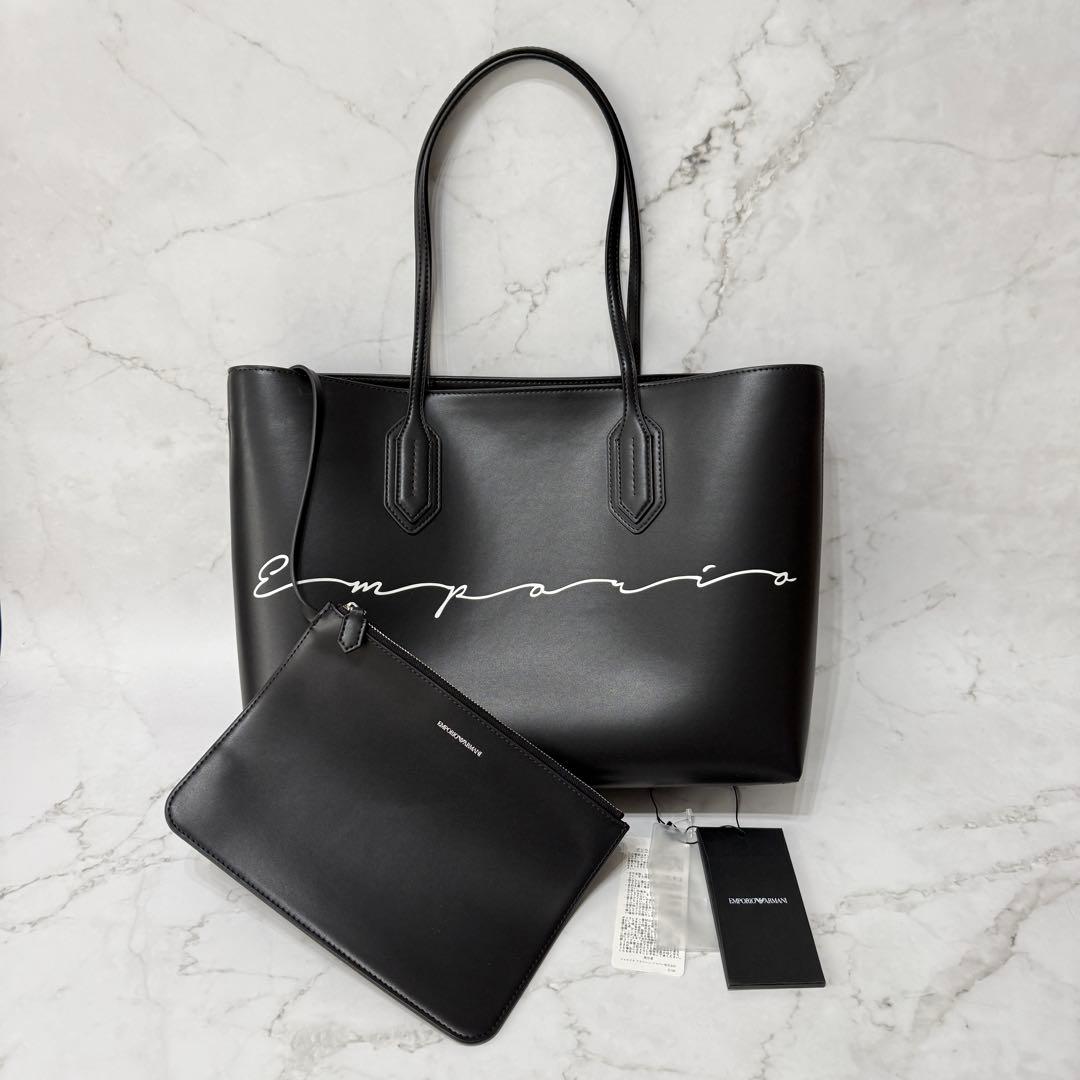 【美品】 EMPORIO ARMANI プリント ロゴ ポーチ付き トートバッグ