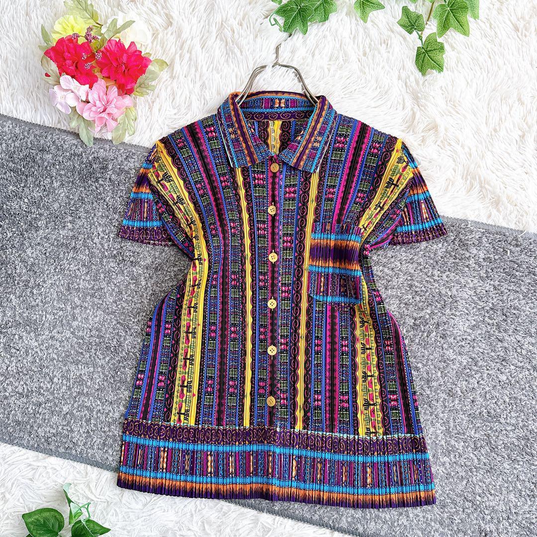 美品　日本製　プリーツプリーズ　半袖シャツ　ブラウス　マルチカラー　y2k 3 美品 日本製 プリーツプリーズ 半袖シャツ ブラウス マルチカラー y2k