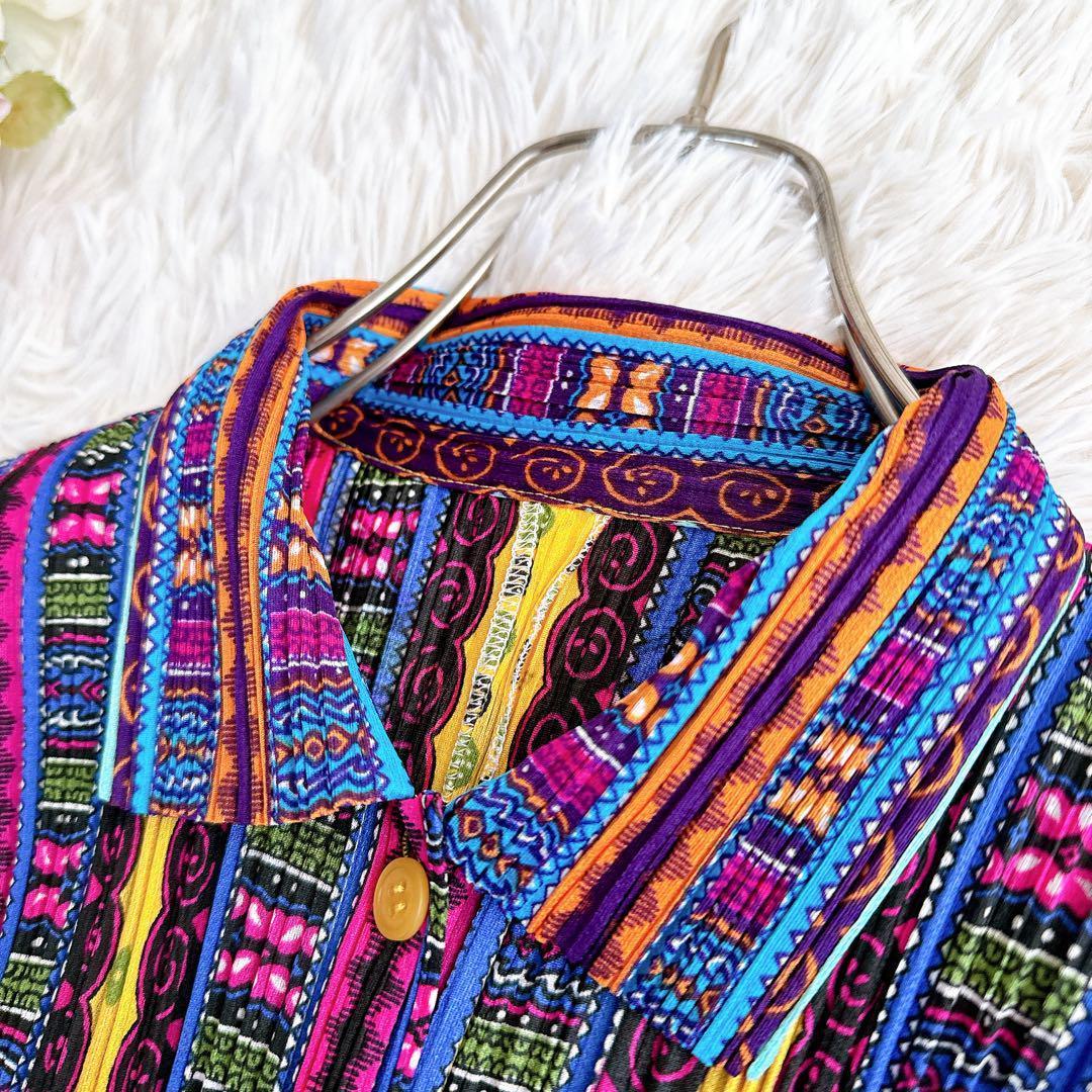 美品 日本製 プリーツプリーズ 半袖シャツ ブラウス マルチカラー y2k