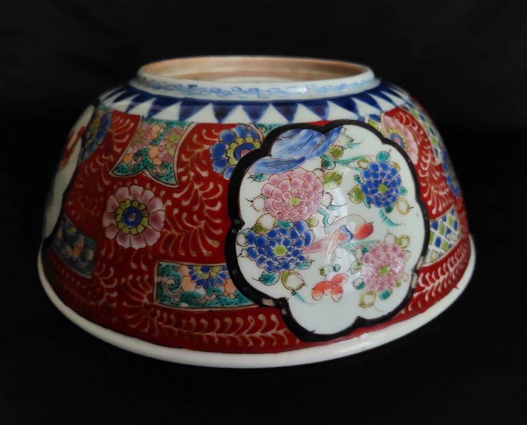 古伊万里　大鉢　赤絵花鳥　直径約24.4cm　二重高台　幕末明治〜　紫陽花　骨董