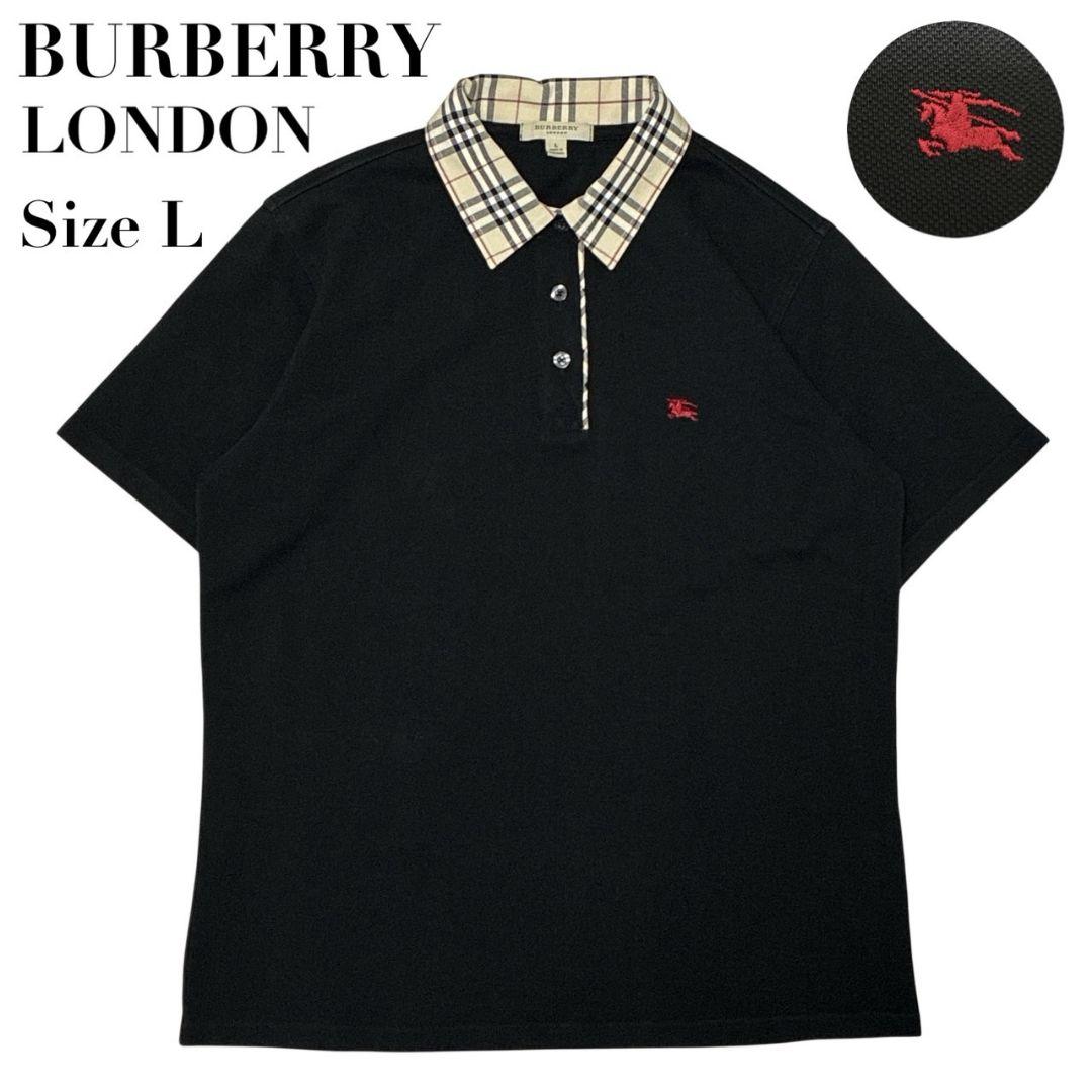 【美品】バーバリーロンドン ポロシャツ 半袖 ノヴァチェック 刺繍ロゴ 黒 L