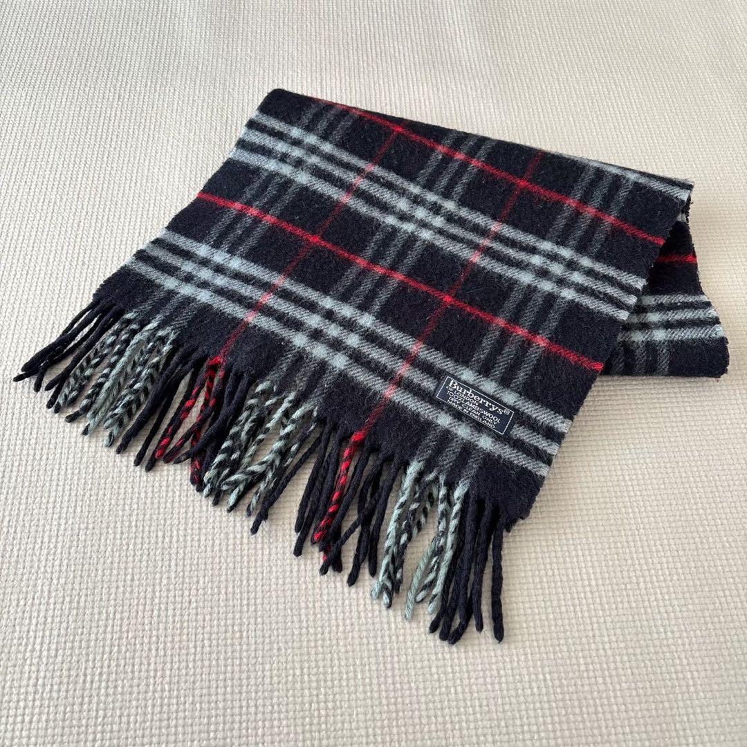 美品 Burberry's 英国製 ラムウール マフラー ノバチェック 紺色長め