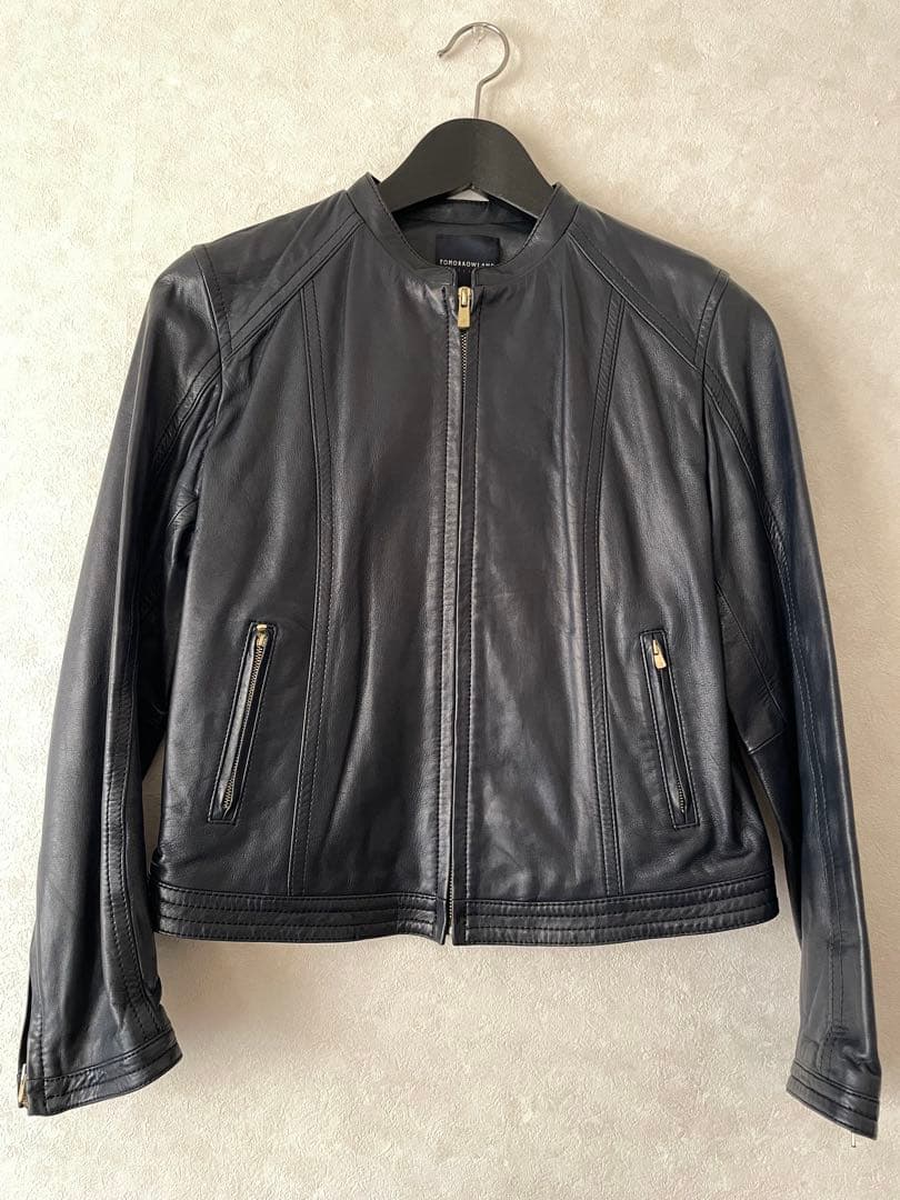 トゥモローランド　レザージャケット　羊革　36 ネイビー　ノーカラー トゥモローランド レザージャケット 羊革 36 ネイビー ノーカラー