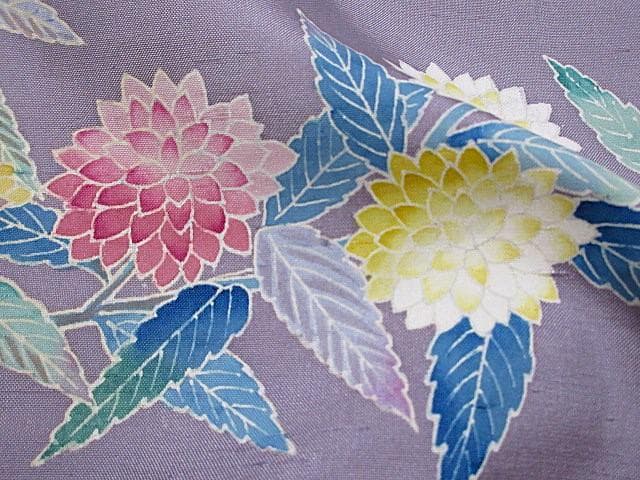 訪問着：本加賀友禅「西尾翠峰」花柄：藤色の白山紬：美品-袷正絹：P38