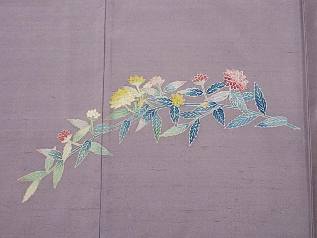 訪問着：本加賀友禅「西尾翠峰」花柄：藤色の白山紬：美品-袷正絹：P38