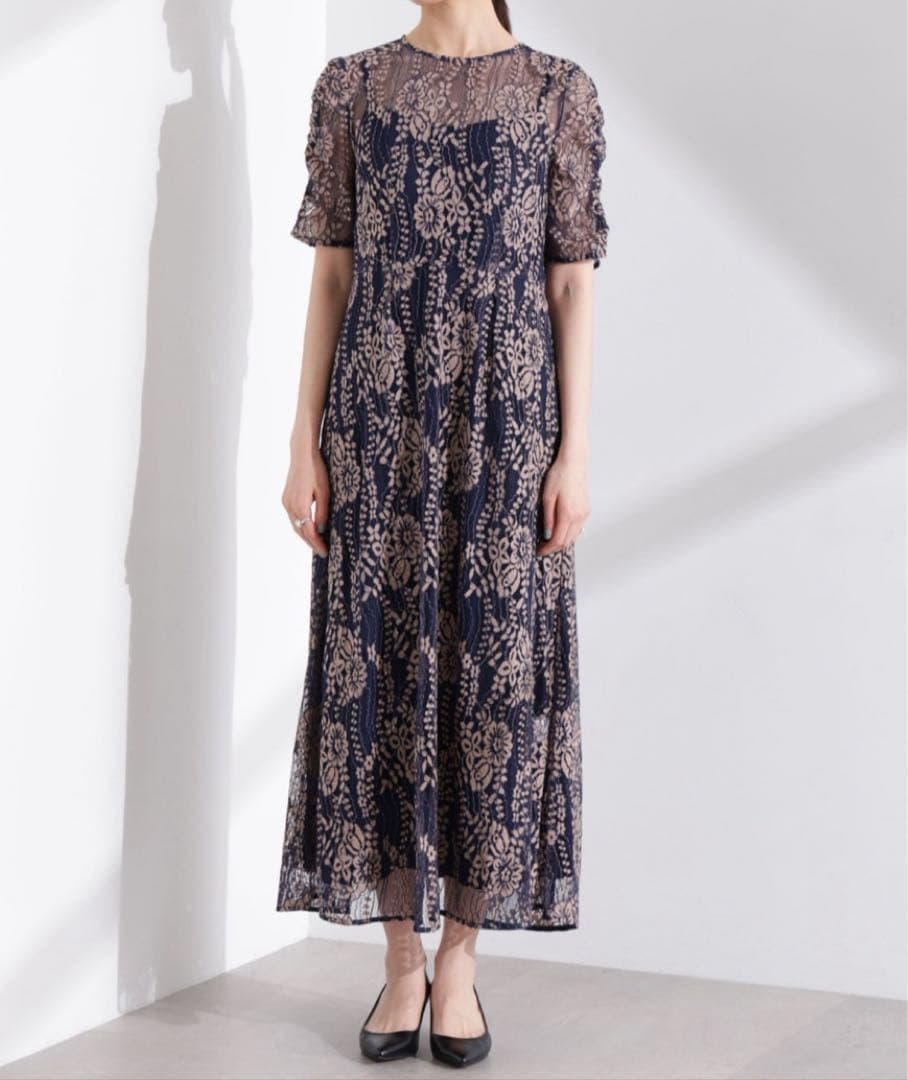 kaene 配色レースエプロンワンピース　ネイビー