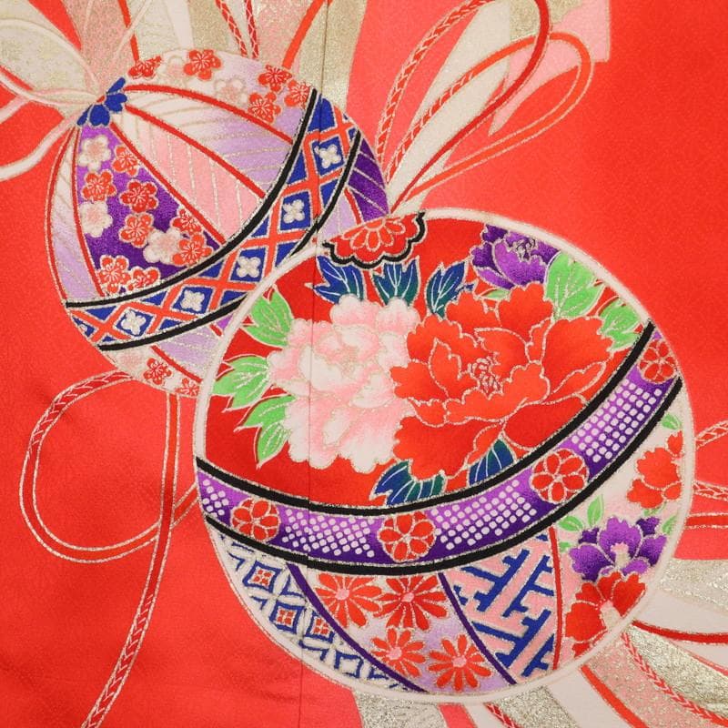 七五三着物11点セット7歳 女の子 束ね熨斗に鞠 子供着物 赤 化繊 11RR2