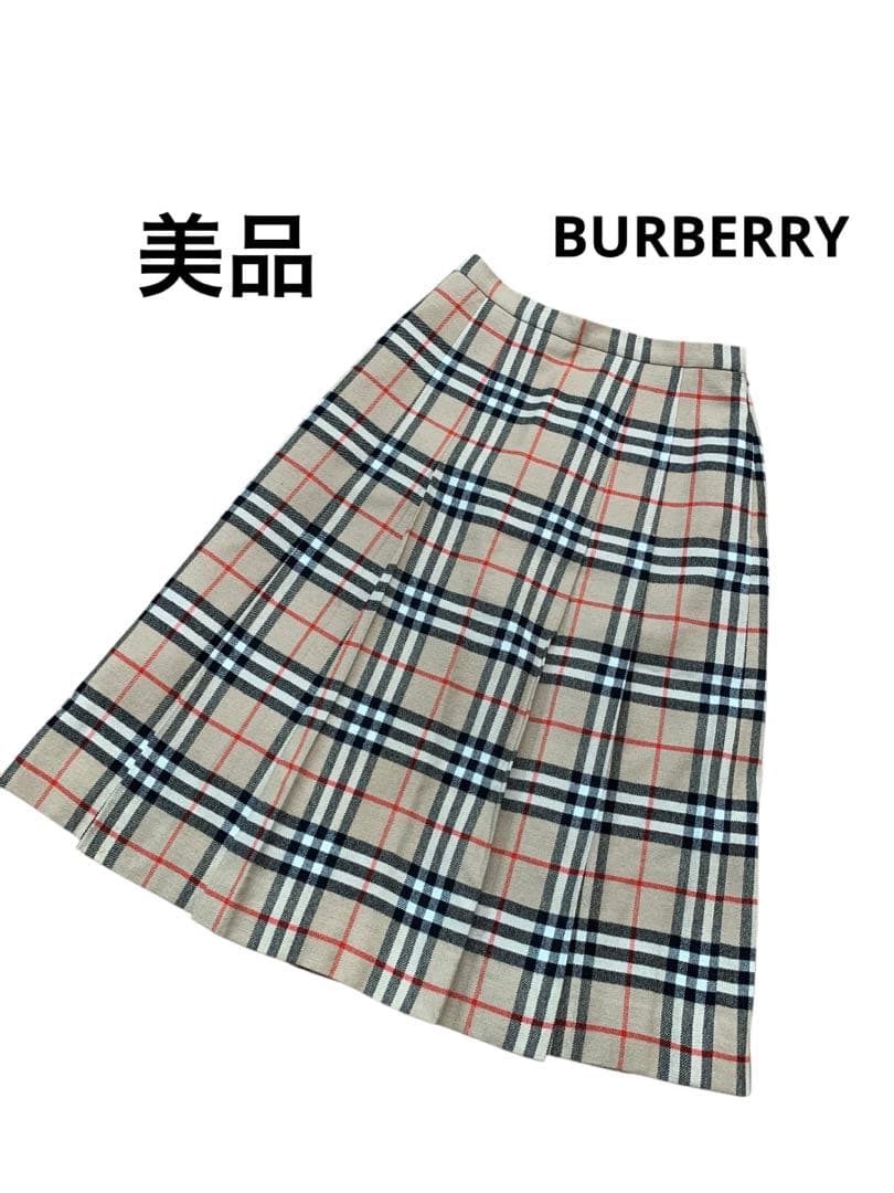 バーバリー　スカート　プリーツ　膝下　ノバチェック　ベージュ　毛100% バーバリーズ スカート 膝丈 ヴィンテージ プリーツ ウール100 ノバ