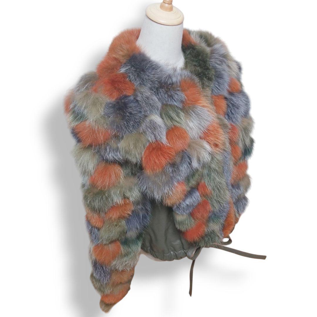 ファー&レザー 裏地地図柄 異素材ドッキング ノーカラージャケット 短丈ブルゾン