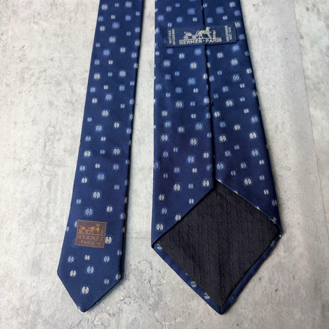 美品 HERMES エルメス ジャガード H柄 ドット柄 ネクタイ ネイビー 紺