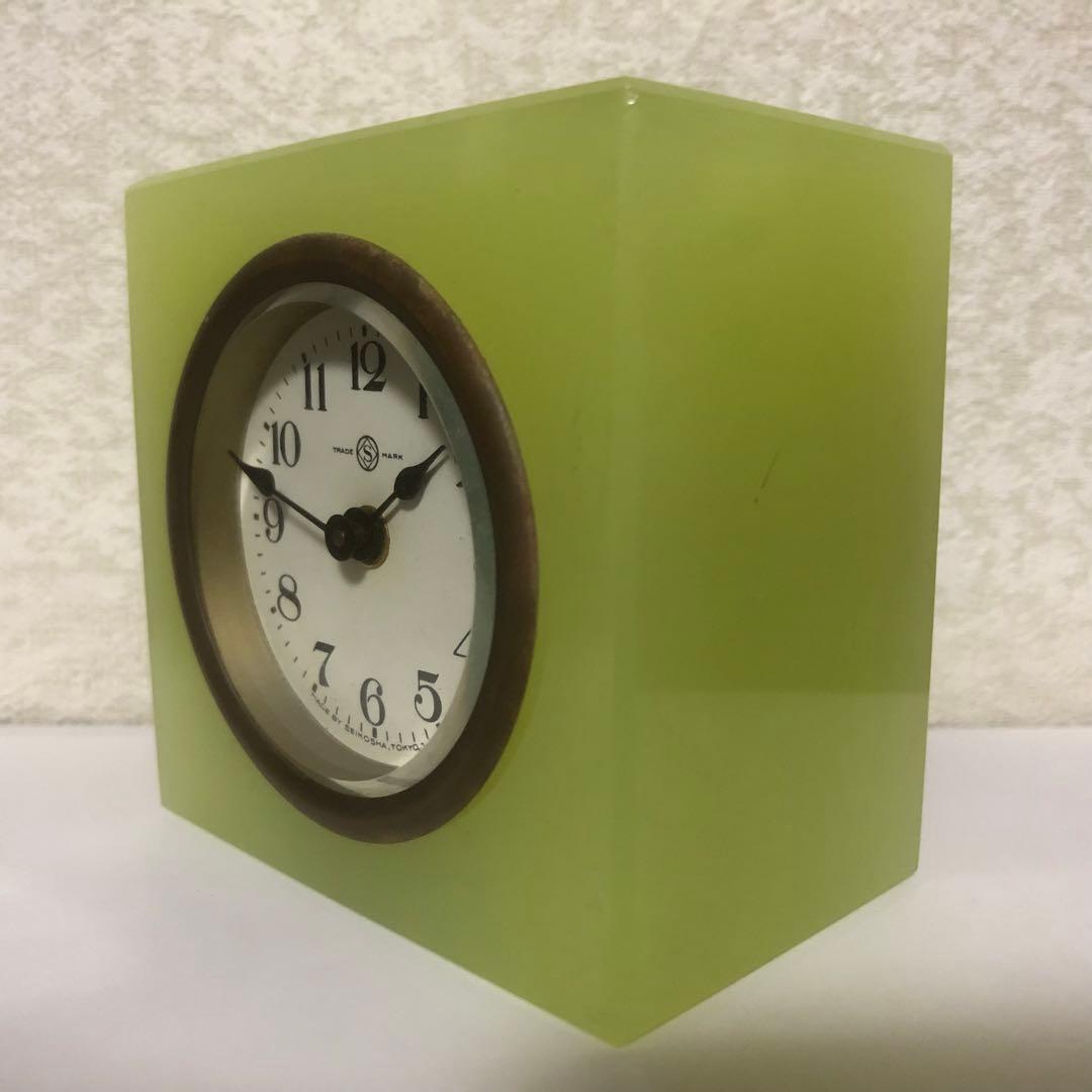 精工舎　ウランガラス置き時計　アンティーク　レトロ　骨董品　置き時計