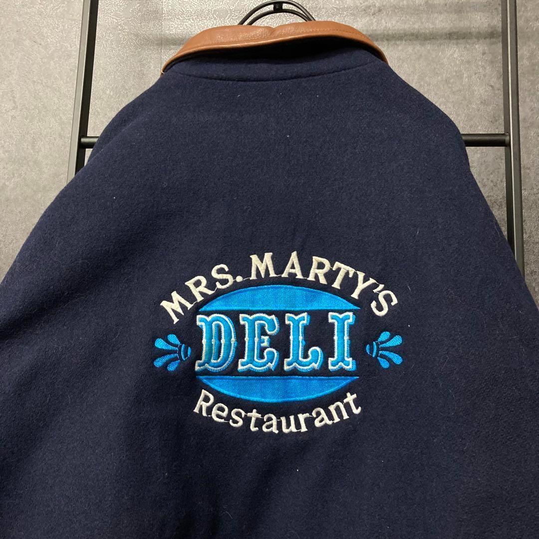 《US古着》企業 ウール・レザー 本革 中綿 スタジャン 刺繍ロゴ メンズXL