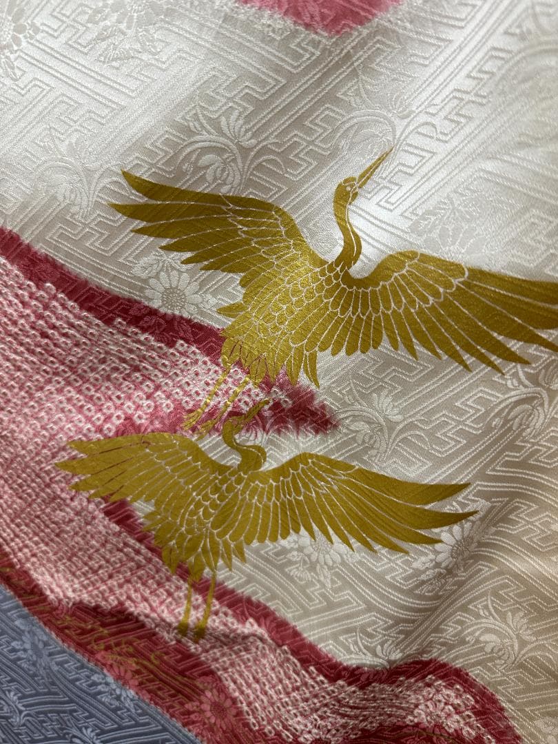 千總 白×ピンク地×ブルー 桶絞り 鳳凰 金駒刺繍 振袖 川島織物フル