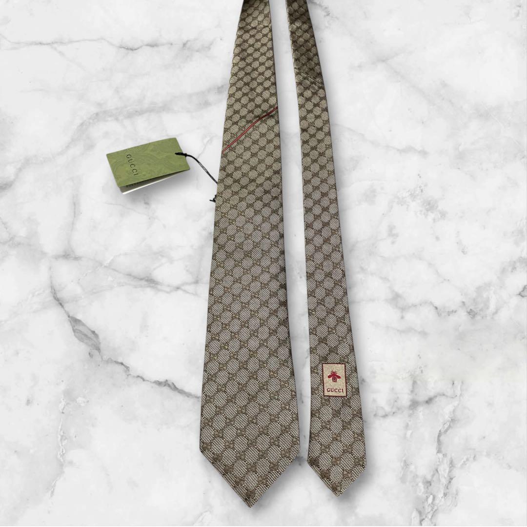 未使用】GUCCI グッチ ネクタイ ブラウン タグ GG シェリーライン