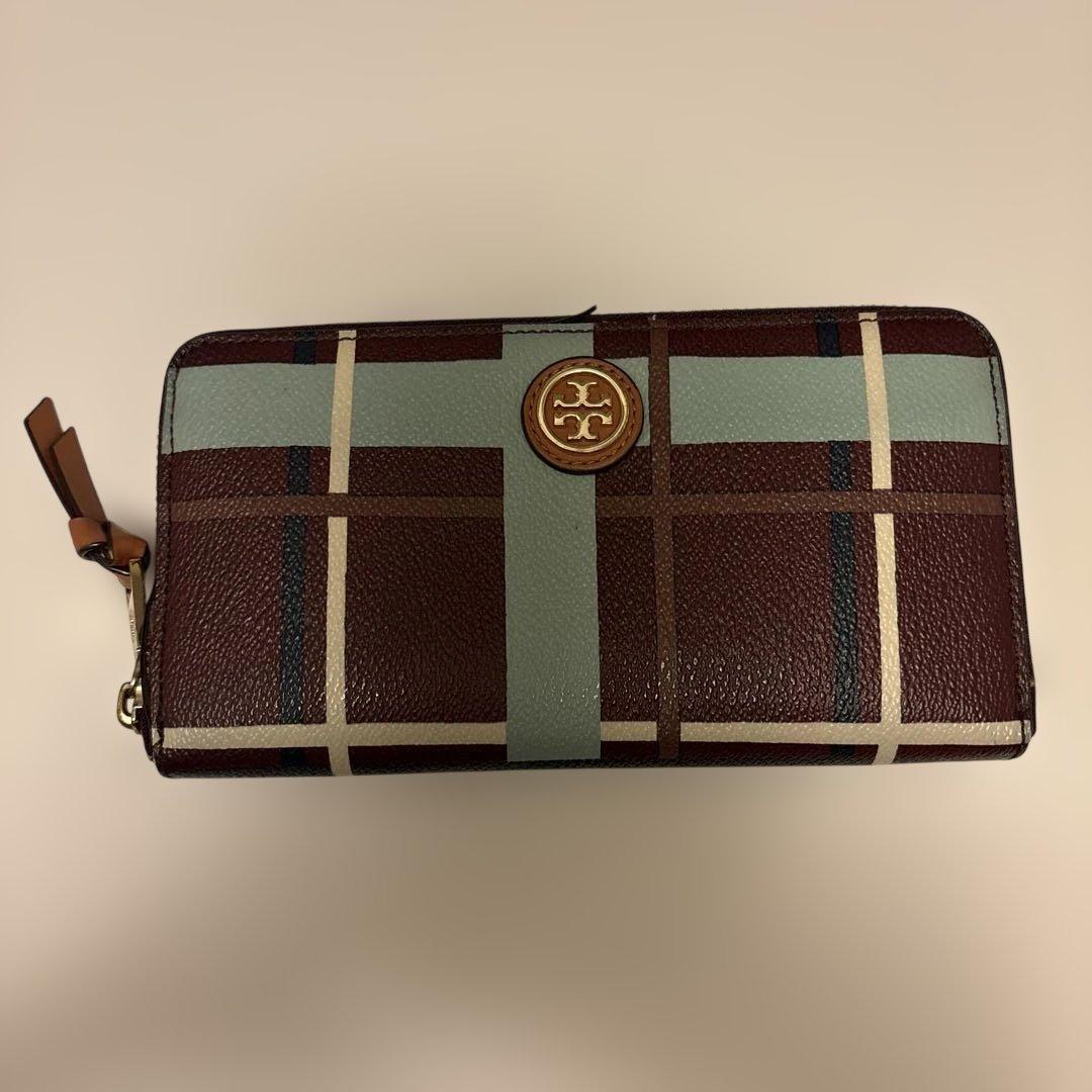 トリーバーチ チェック柄 長財布 ボルドーブラウン 水色 チェック柄