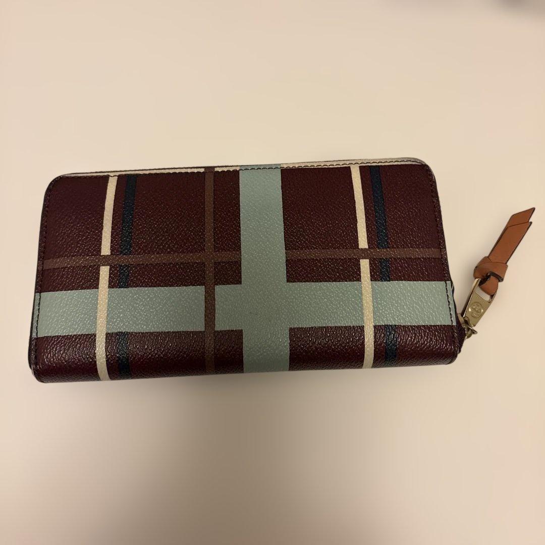トリーバーチ チェック柄 長財布 ボルドーブラウン 水色 チェック柄