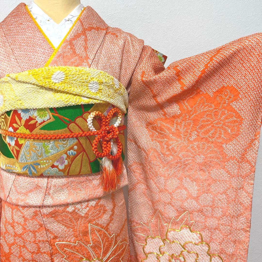 169 振袖フルセット 正絹 未使用 オレンジ 橙 絞り 駒刺繍 暈し染め