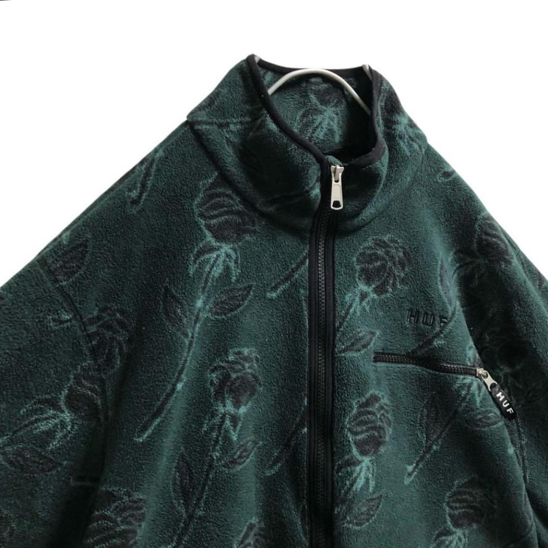 HUFハフジップアップフリースジャケット花柄ボタニカル刺繍ロゴダーク