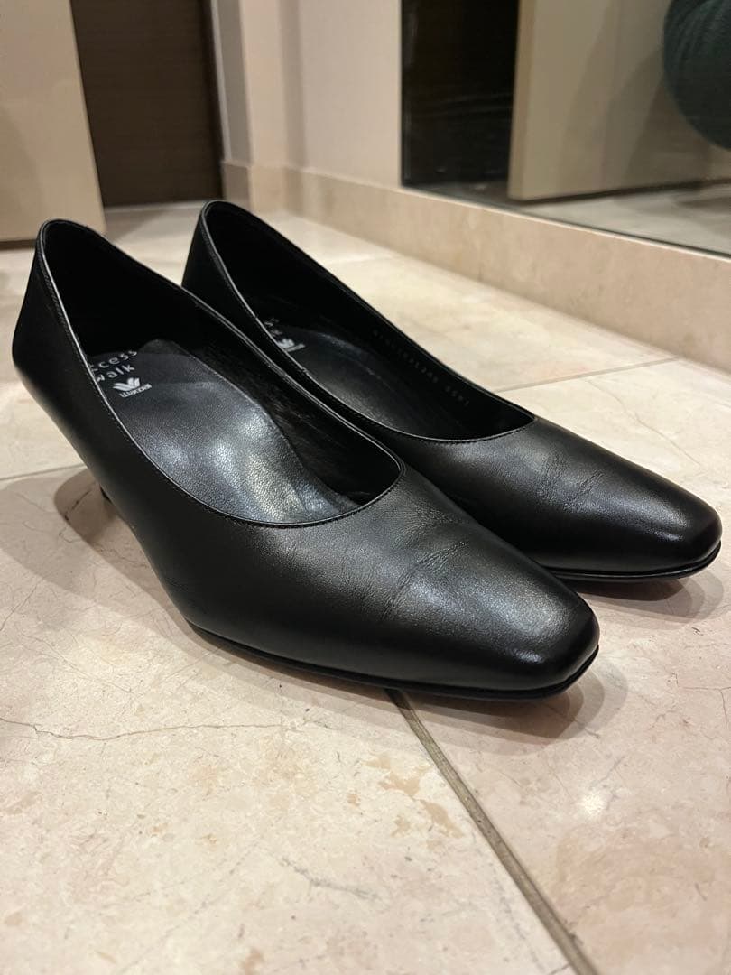 黒スクエアトゥ パンプス ワコール サクセスウォーク 24cm 3E 幅広型