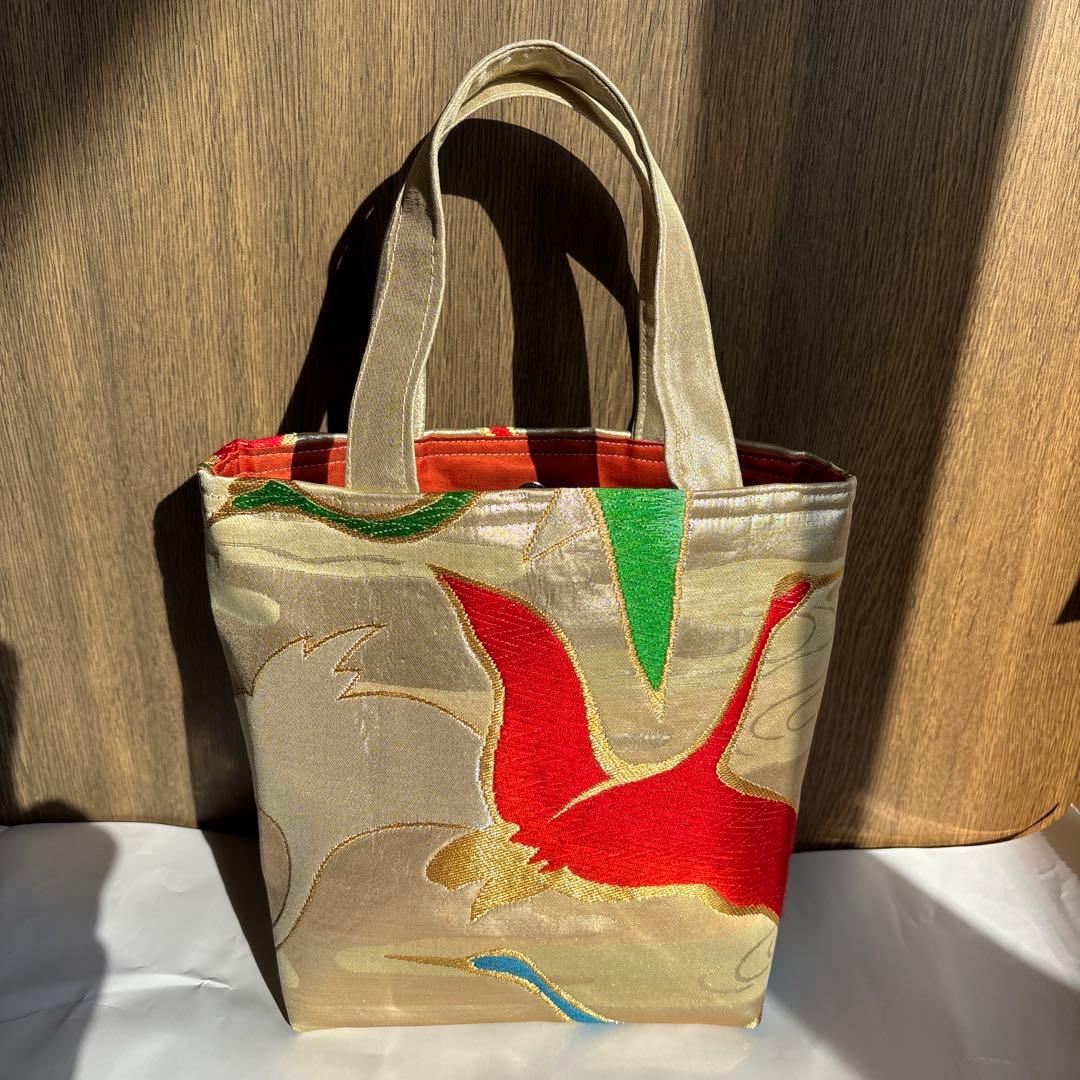 帯リメイクバッグ 鶴刺繍トートバッグ - メルカリ