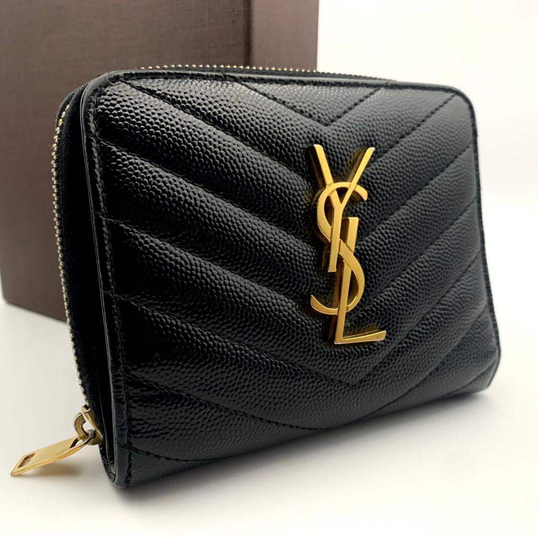 鑑定済み 美品 サンローラン 財布 カサンドラ YSL 二つ折り コンパクト 黒 SAINT LAURENT サンローラン 財布 ウォレット カサンドラ バイ