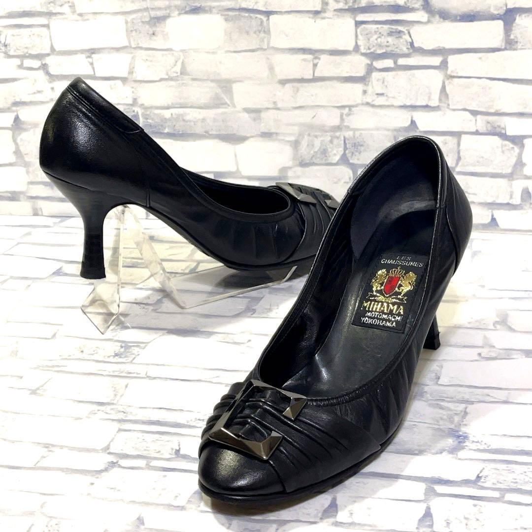 MIHAMA 本革 黒 スクエアバックル パンプス 23.5cm - メルカリ