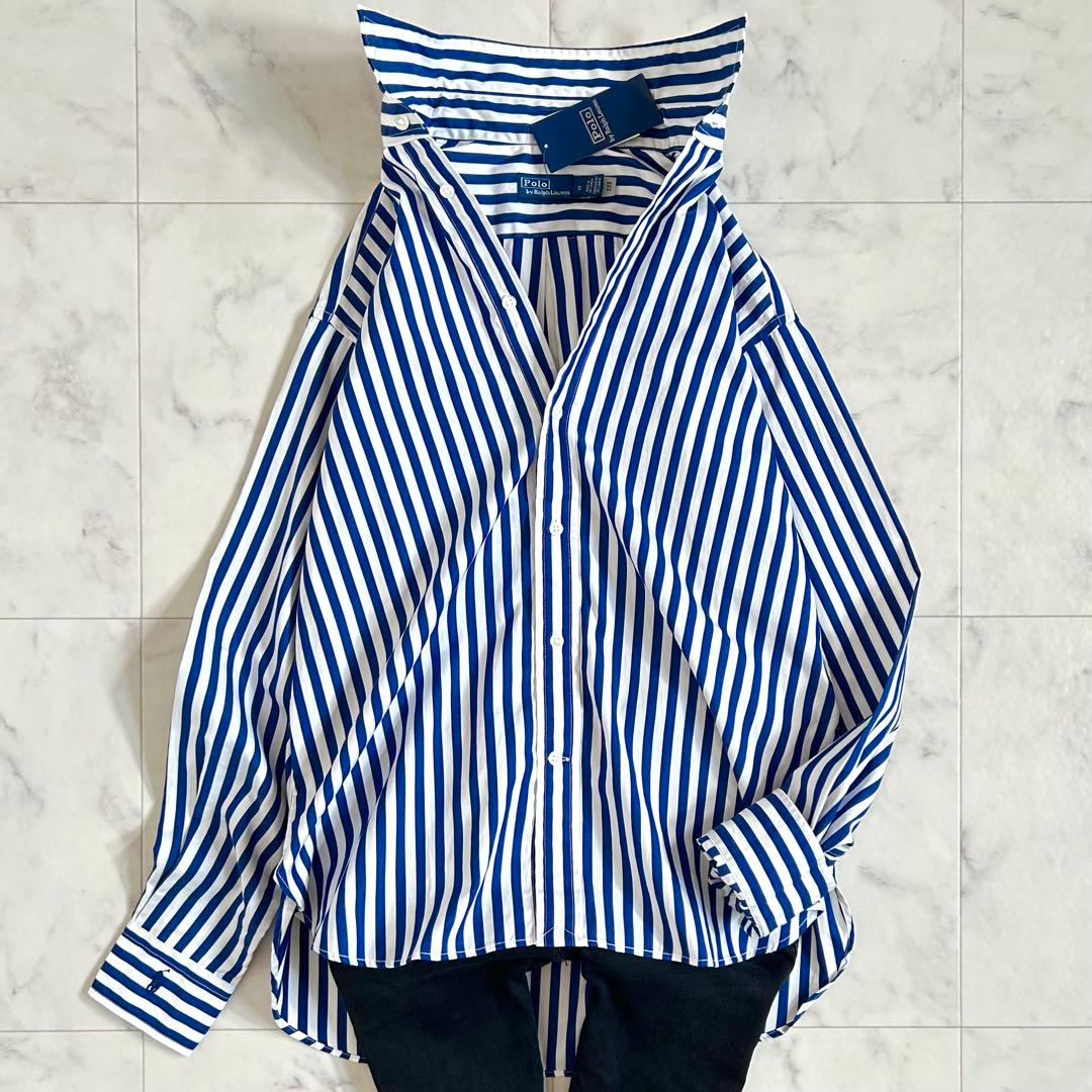 タグ付 ポロ バイ ラルフローレン ストライプ シャツ 袖ロゴ 青 近年
