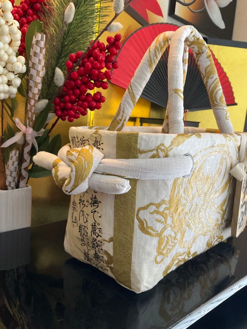一閑張り 一閑張りバッグ 風神雷神 古文書 和紙 竹籠 籠バッグ 着物