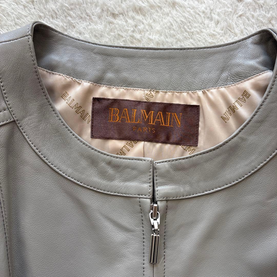 BALMAIN バルマン ラムレザージャケット ノーカラー 羊革 13号 グレー