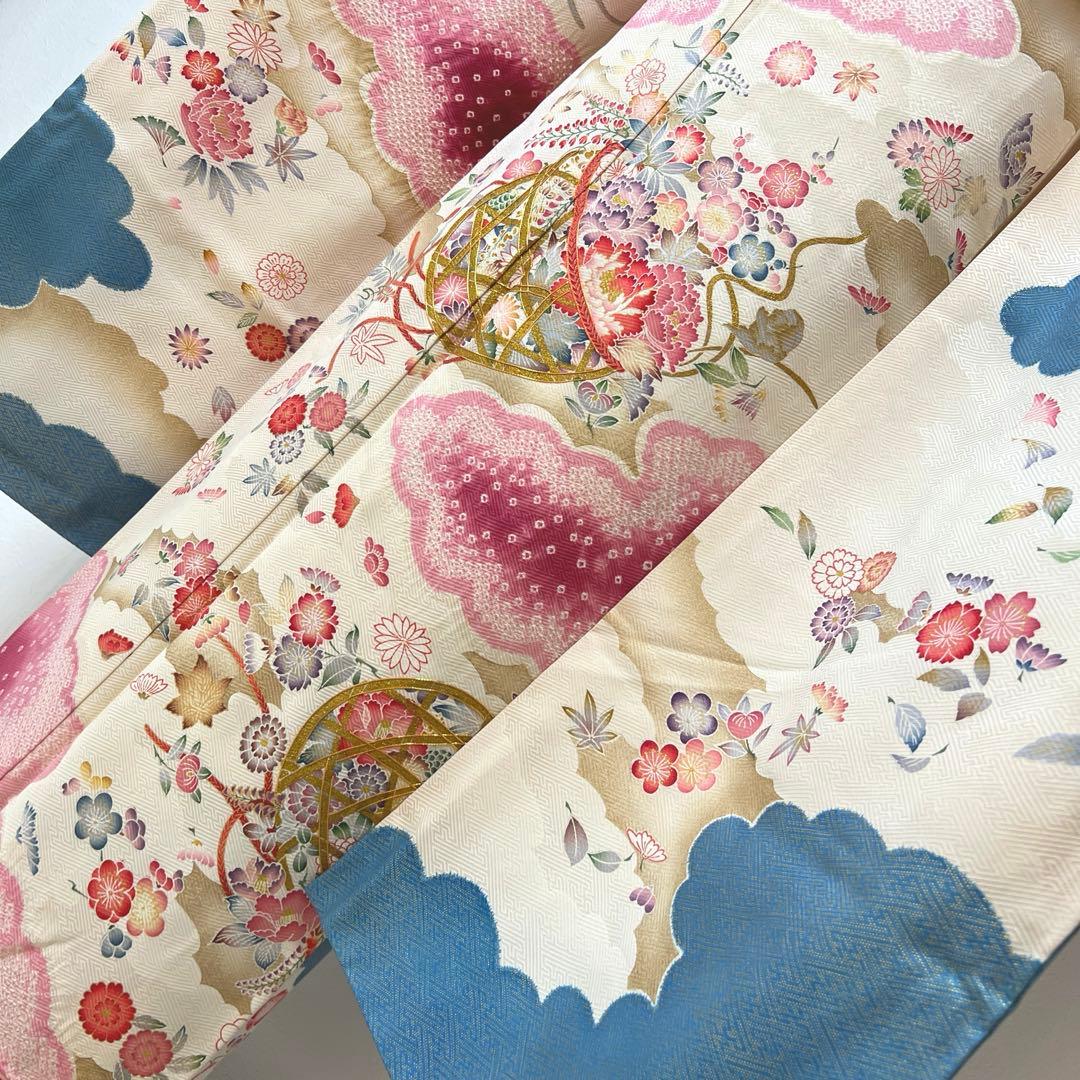 446 振袖フルセット 正絹 岩田専太郎 金彩 駒刺繍 絞り クリーム 青 紫