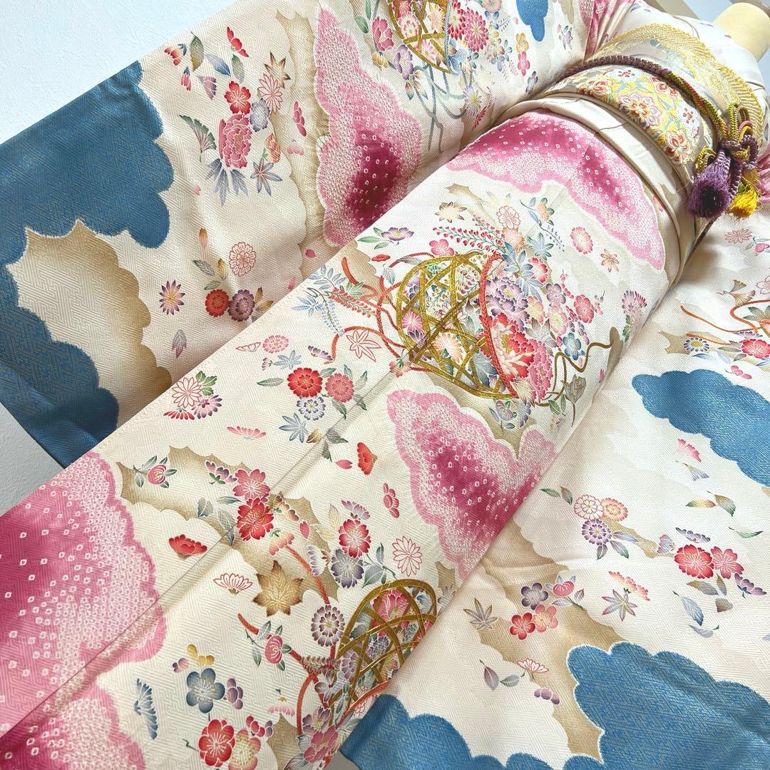 446 振袖フルセット 正絹 岩田専太郎 金彩 駒刺繍 絞り クリーム 青 紫
