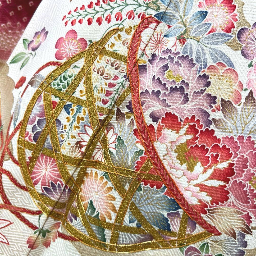 446 振袖フルセット 正絹 岩田専太郎 金彩 駒刺繍 絞り クリーム 青 紫