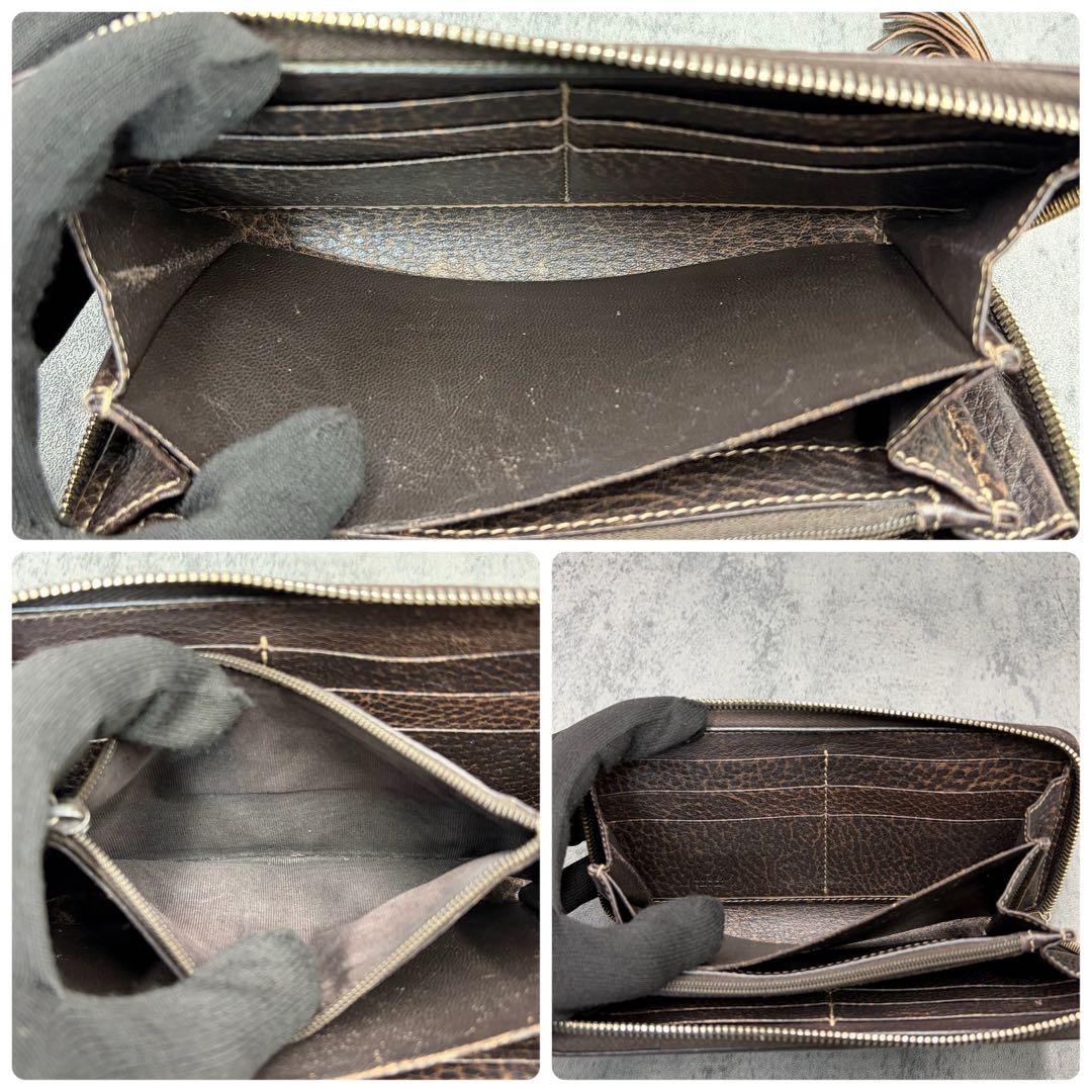 美品 グッチ レオパード シマ ラウンドジップ 長財布 茶 バンブー