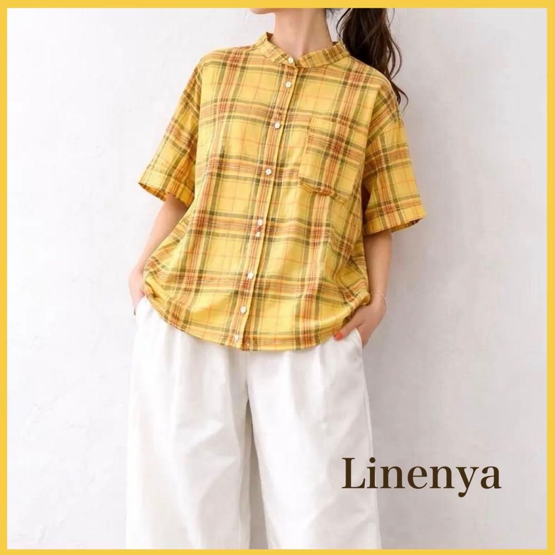 Linenya】 バンドカラー 前開きシャツ イエロー チェック 日本製 F