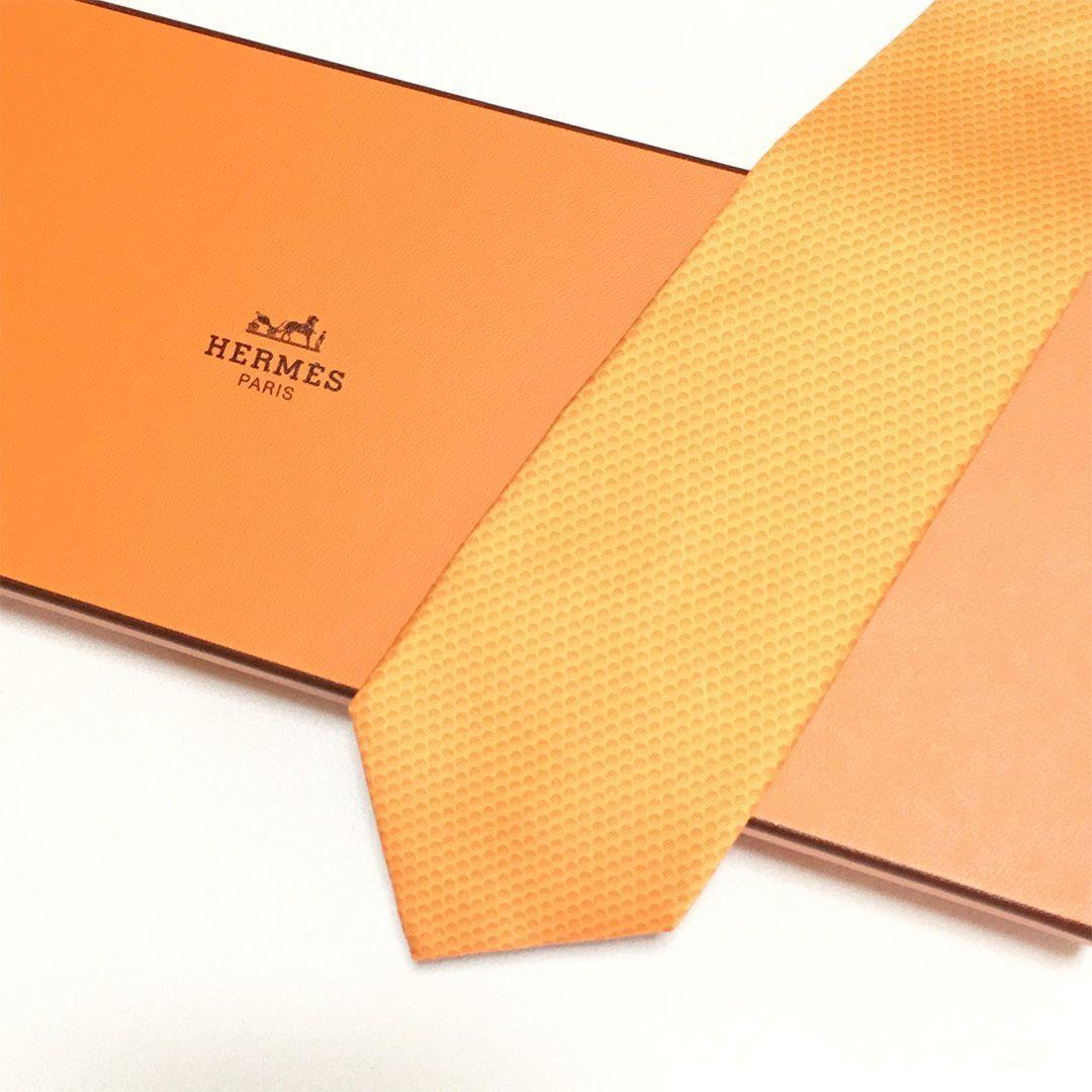 未使用級 エルメス HERMES ネクタイ シルク100% オレンジ ドット