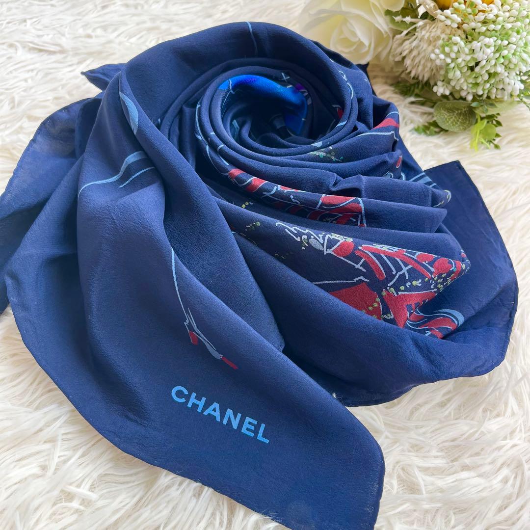 CHANEL シャネル マドモアゼル スカーフ シルク 大判 ネイビー CHANELシルクスカーフ モノトーンVINTAGE ココシャネル マドモアゼル柄
