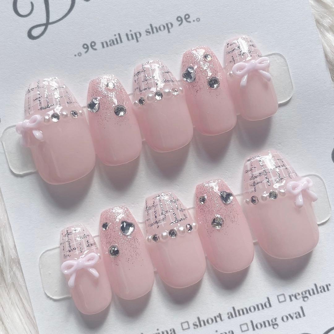 ネイルチップ 量産型 フレンチガーリー 韓国ネイル ツイード ピンク