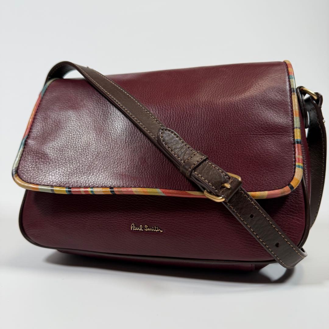 【美品】ポールスミス　ショルダーバッグ　シボ革　マルチストライプ　ボルドー 美品】ポールスミス ショルダーバッグ シボ革 マルチストライプ