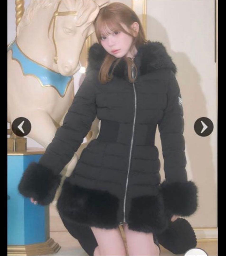 完売品】美くびれフェイクファーダウンコート ファー付きブラック